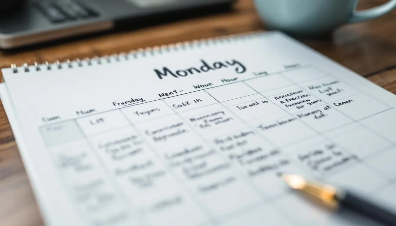 The image depicts a calendar marked with a well-structured Monday, emphasizing protected morning time for self-care and essential tasks. This approach promotes work-life balance and aims to reduce burnout, allowing employees to start the week with focus and productivity.
